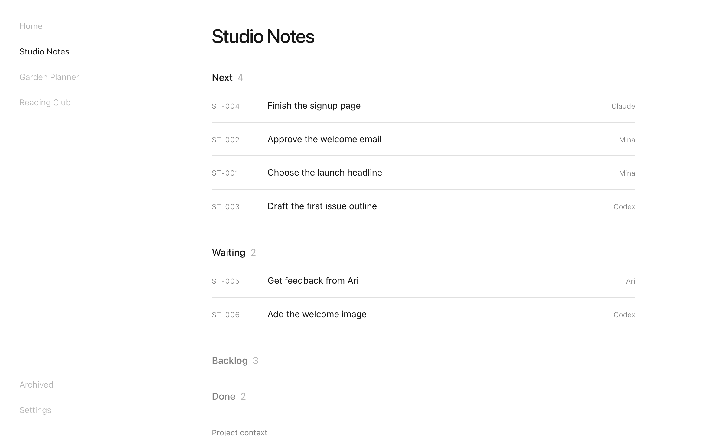 The Torch dashboard: a project page with tasks grouped by status.